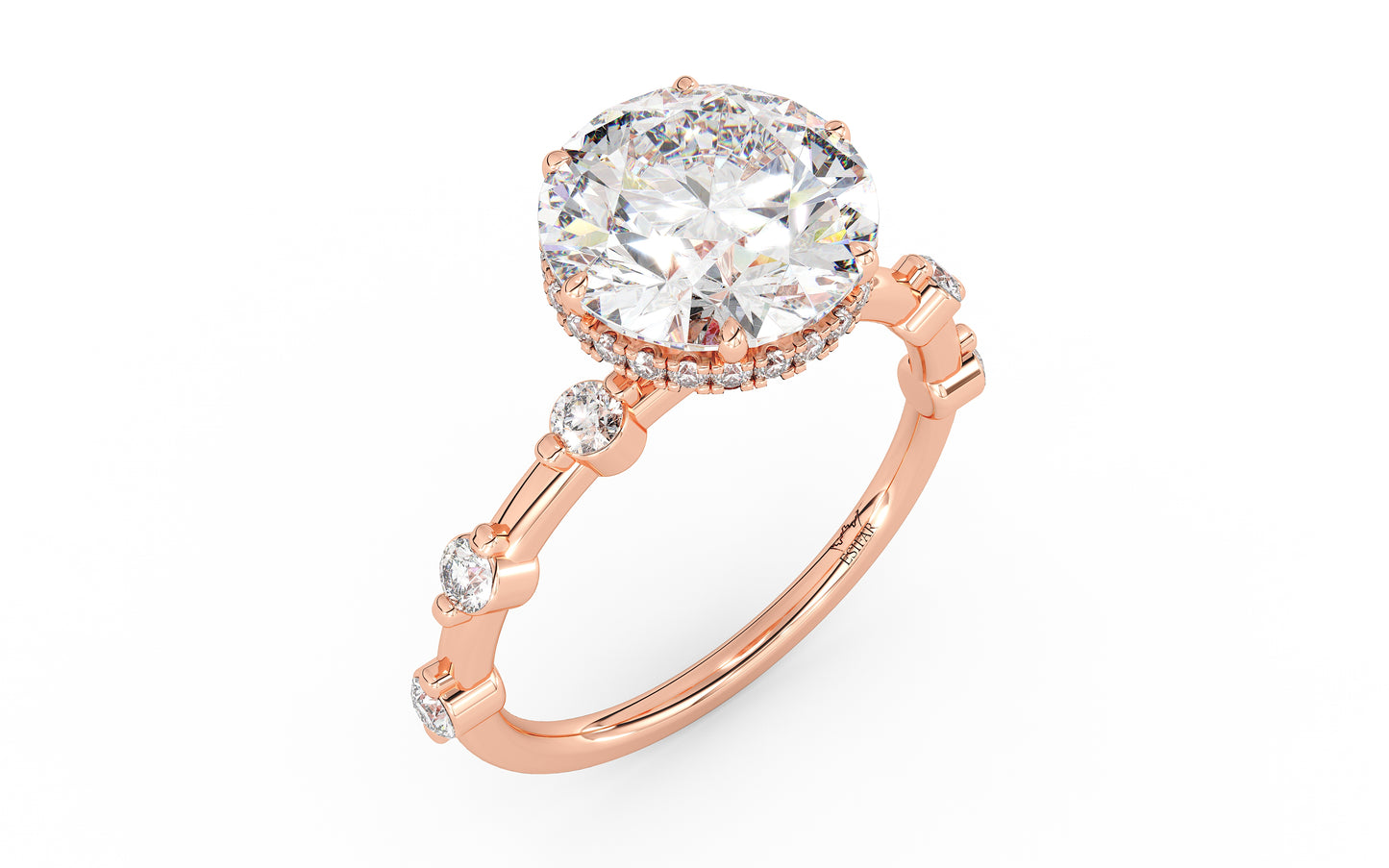 A rose gold ring with sparkling round diamonds in a double gallery setting. Custom fit for your center stone, blending timeless elegance and contemporary charm.