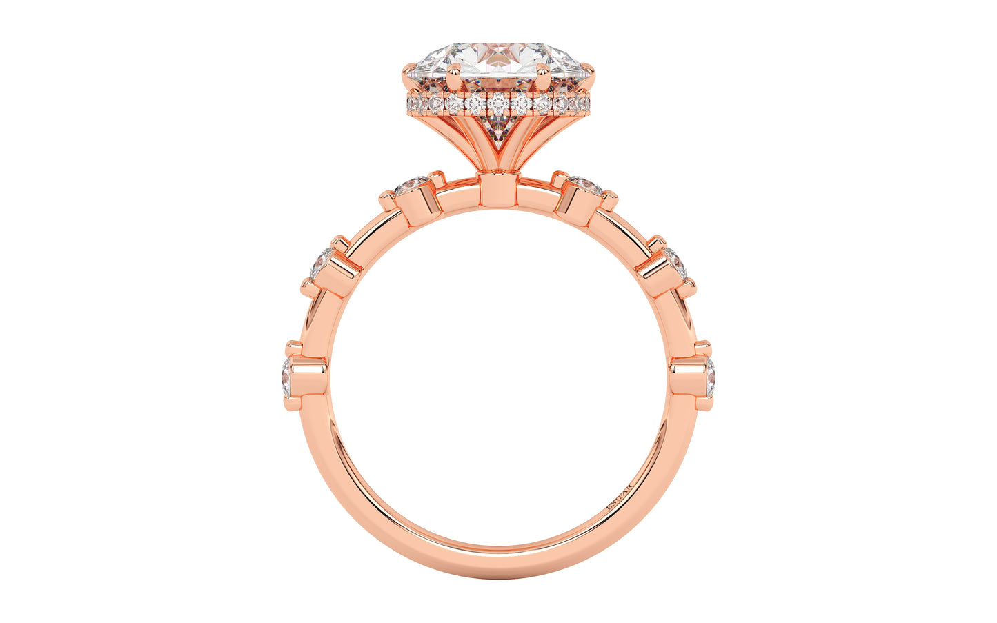 A rose gold ring with sparkling round diamonds in a double gallery setting. Custom fit for your center stone, blending timeless elegance and contemporary charm.