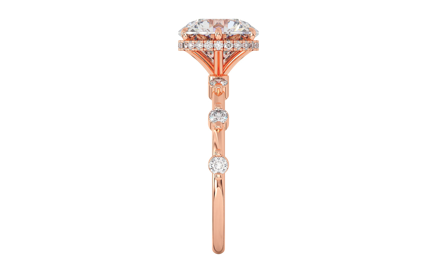 A rose gold ring with sparkling round diamonds in a double gallery setting. Custom fit for your center stone, blending timeless elegance and contemporary charm.
