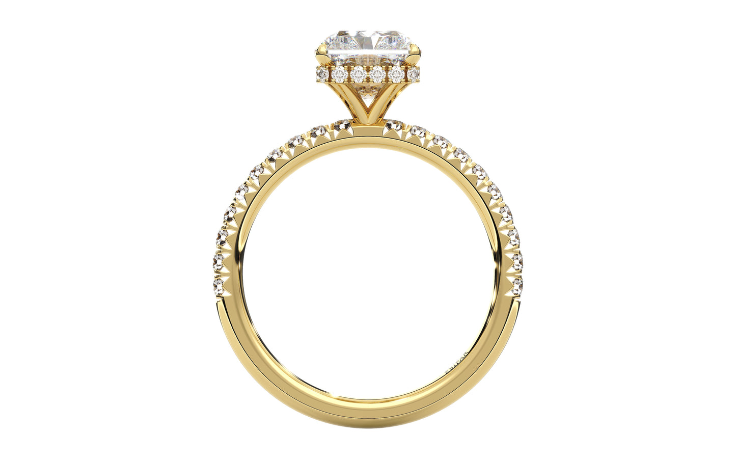 Golden engagement ring with a diamond-encrusted band and customizable hidden halo, designed to enhance your center stone with brilliance and elegance.