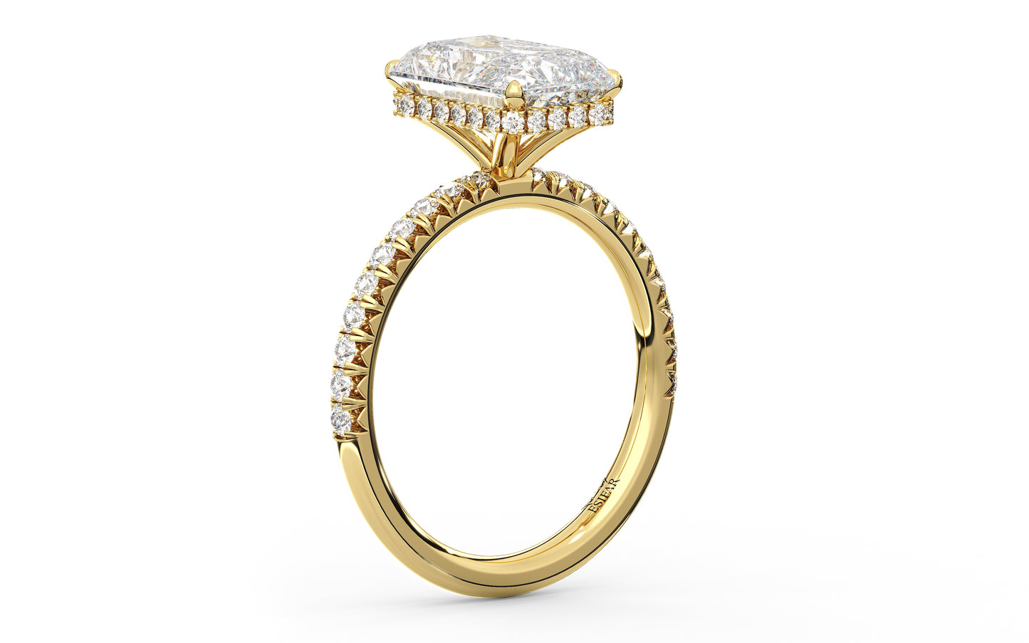 Golden engagement ring with a diamond-encrusted band and customizable hidden halo, designed to enhance your center stone with brilliance and elegance.