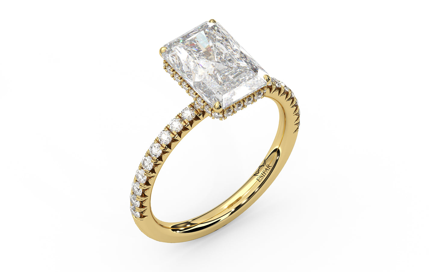 Golden engagement ring with a diamond-encrusted band and customizable hidden halo, designed to enhance your center stone with brilliance and elegance.