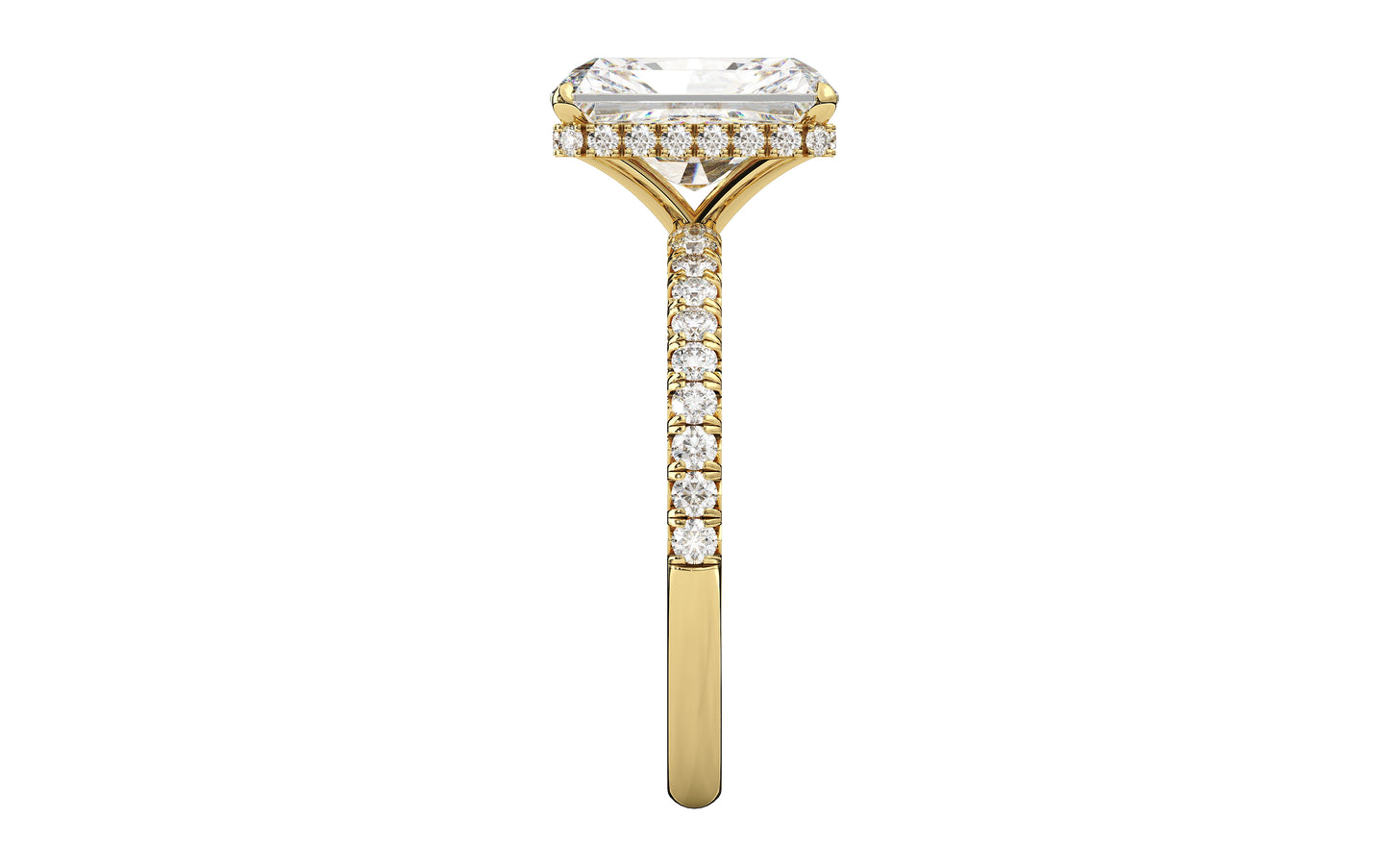 Golden engagement ring with a diamond-encrusted band and customizable hidden halo, designed to enhance your center stone with brilliance and elegance.
