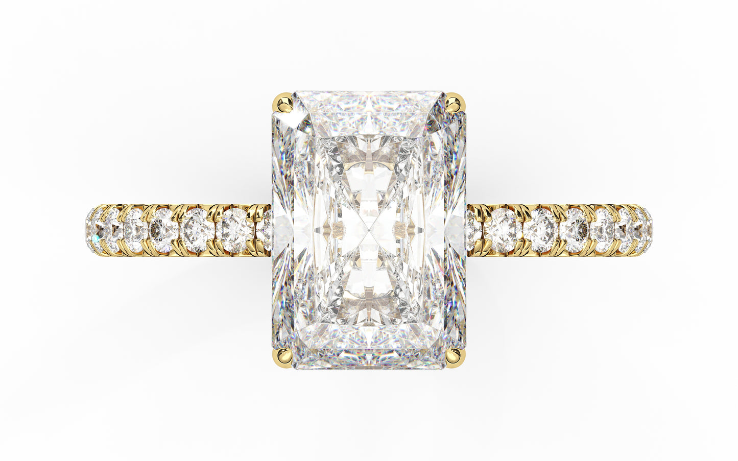Golden engagement ring with a diamond-encrusted band and customizable hidden halo, designed to enhance your center stone with brilliance and elegance.