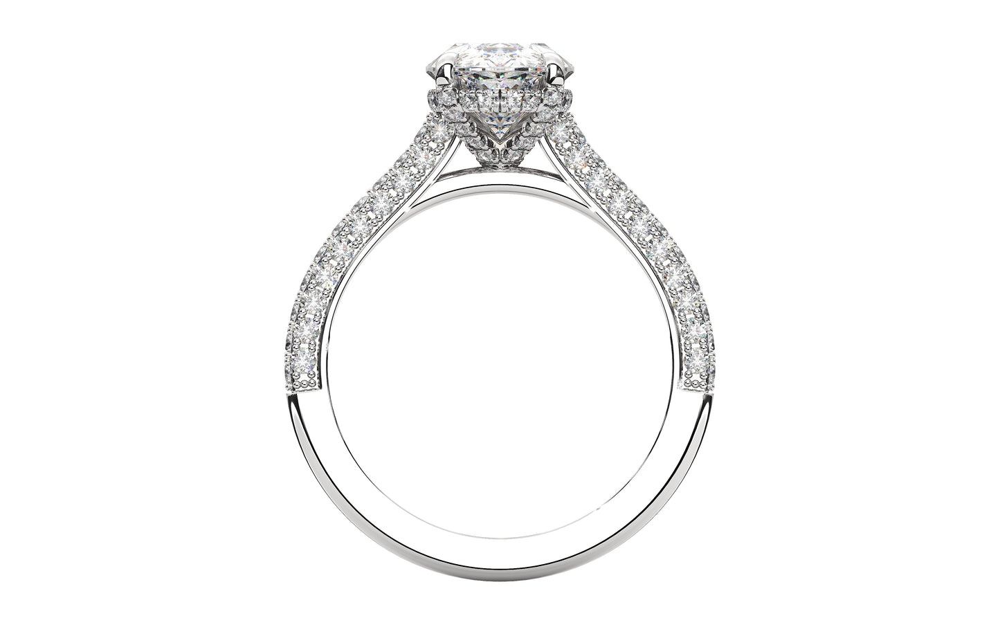 Diamond engagement ring featuring a large center stone framed by a hidden halo of smaller diamonds and a pave diamond band. This design is intended for a larger, more glamorous look and showcases the customizability of our rings.