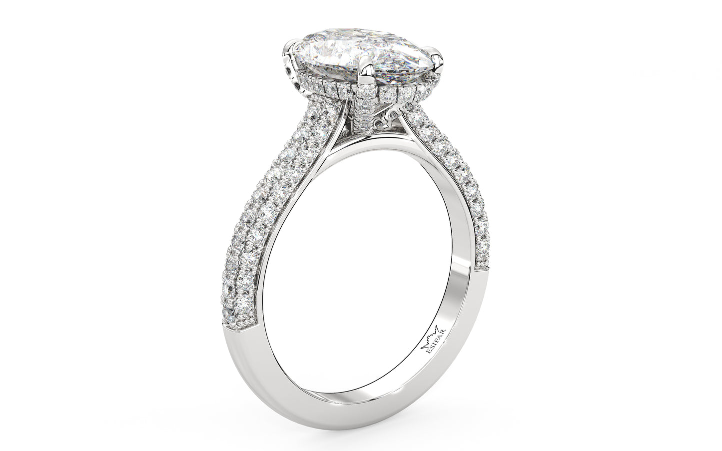 Diamond engagement ring featuring a large center stone framed by a hidden halo of smaller diamonds and a pave diamond band. This design is intended for a larger, more glamorous look and showcases the customizability of our rings.