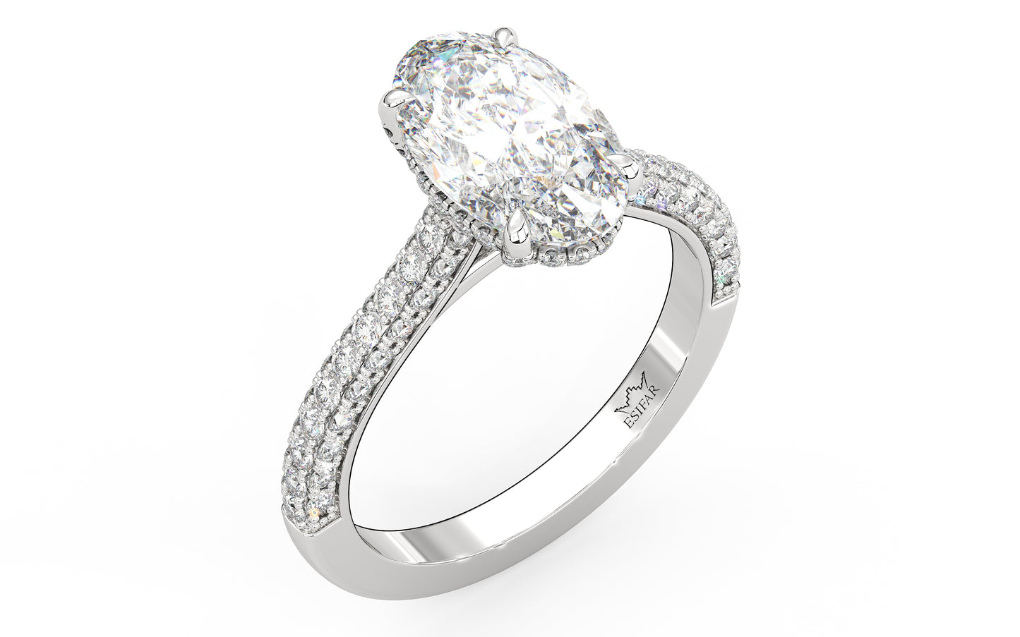 Diamond engagement ring featuring a large center stone framed by a hidden halo of smaller diamonds and a pave diamond band. This design is intended for a larger, more glamorous look and showcases the customizability of our rings.