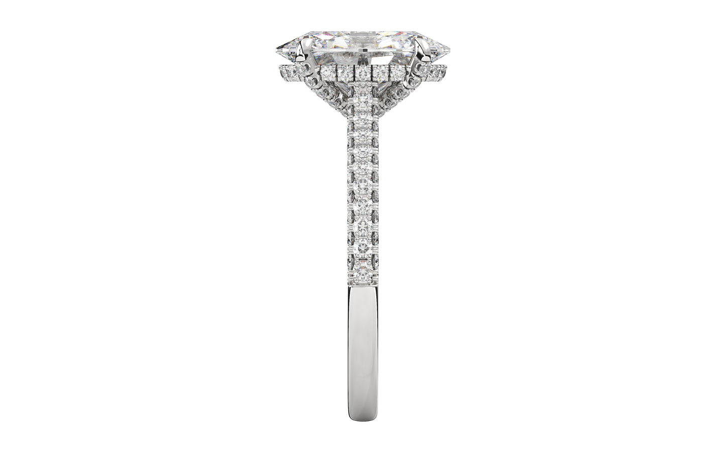 Diamond engagement ring featuring a large center stone framed by a hidden halo of smaller diamonds and a pave diamond band. This design is intended for a larger, more glamorous look and showcases the customizability of our rings.