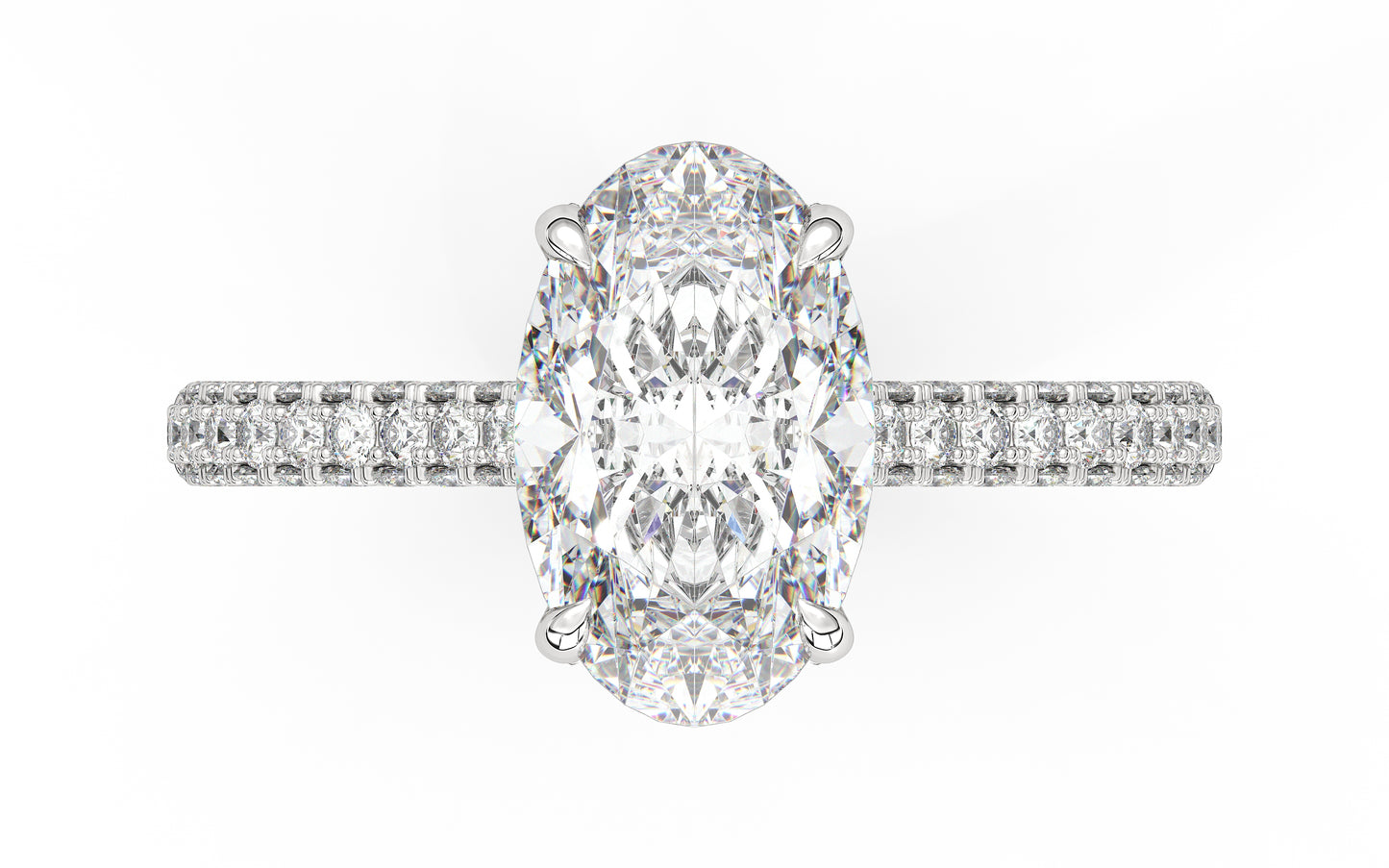 Diamond engagement ring featuring a large center stone framed by a hidden halo of smaller diamonds and a pave diamond band. This design is intended for a larger, more glamorous look and showcases the customizability of our rings.