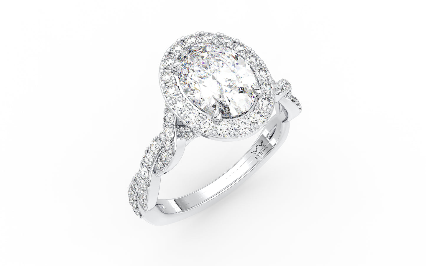 Oval Diamond Halo Twisted Shank Engagement Ring - perspective top