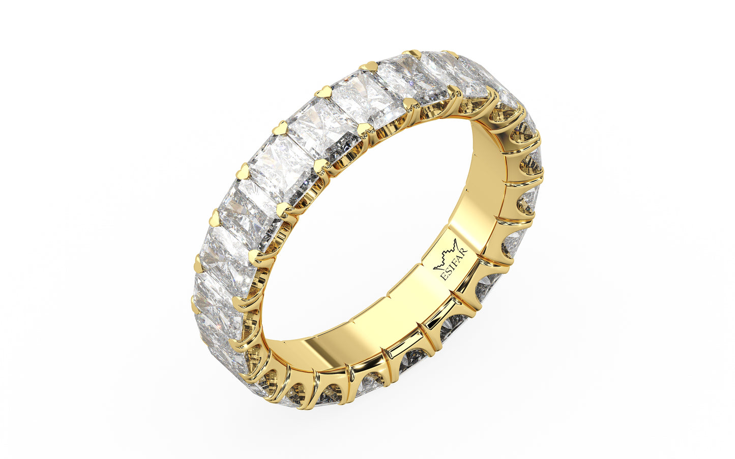 Golden radiant-cut diamond eternity ring in a refined U-Gallery setting, crafted for exceptional sparkle and timeless elegance.