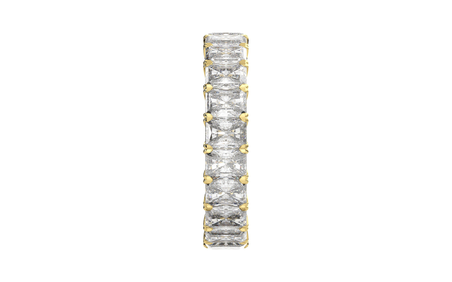 Golden radiant-cut diamond eternity ring in a refined U-Gallery setting, crafted for exceptional sparkle and timeless elegance.