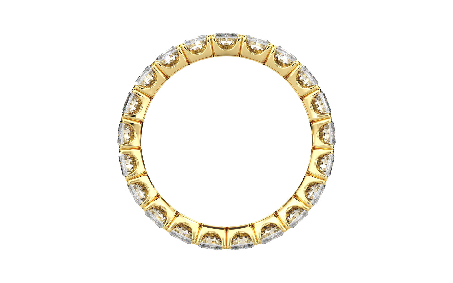 Golden radiant-cut diamond eternity ring in a refined U-Gallery setting, crafted for exceptional sparkle and timeless elegance.