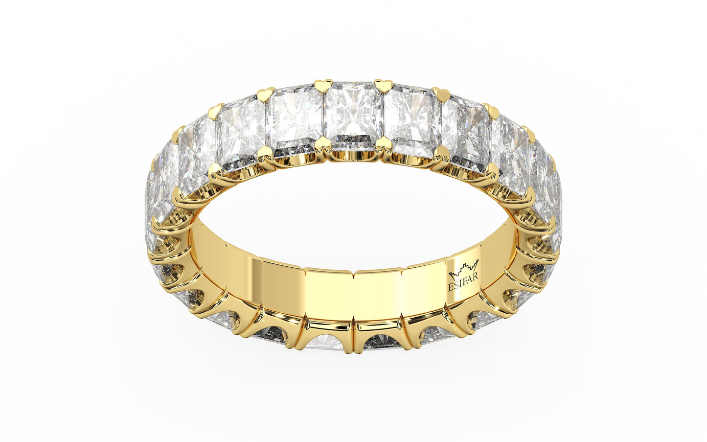 Golden radiant-cut diamond eternity ring in a refined U-Gallery setting, crafted for exceptional sparkle and timeless elegance.