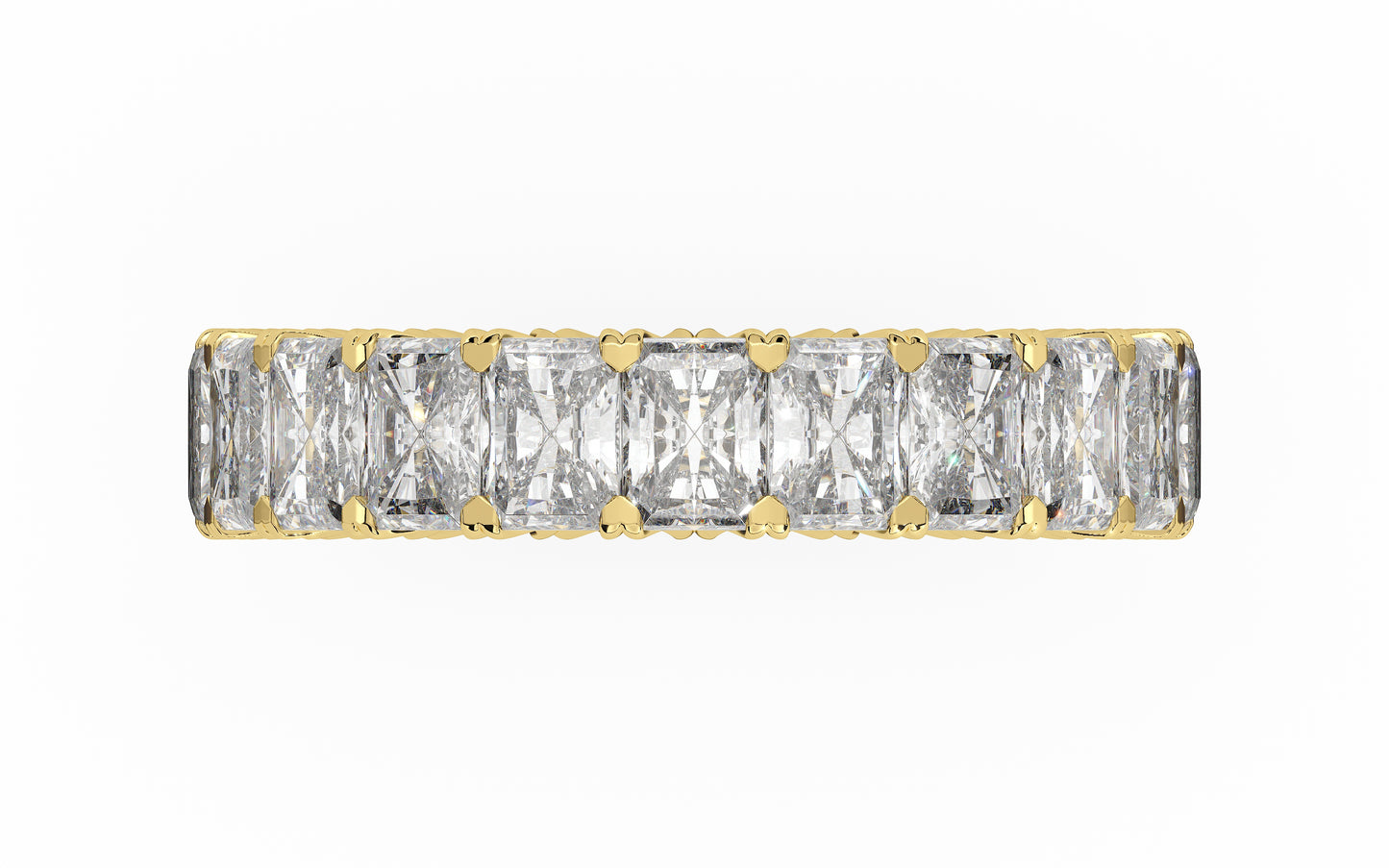 Golden radiant-cut diamond eternity ring in a refined U-Gallery setting, crafted for exceptional sparkle and timeless elegance.