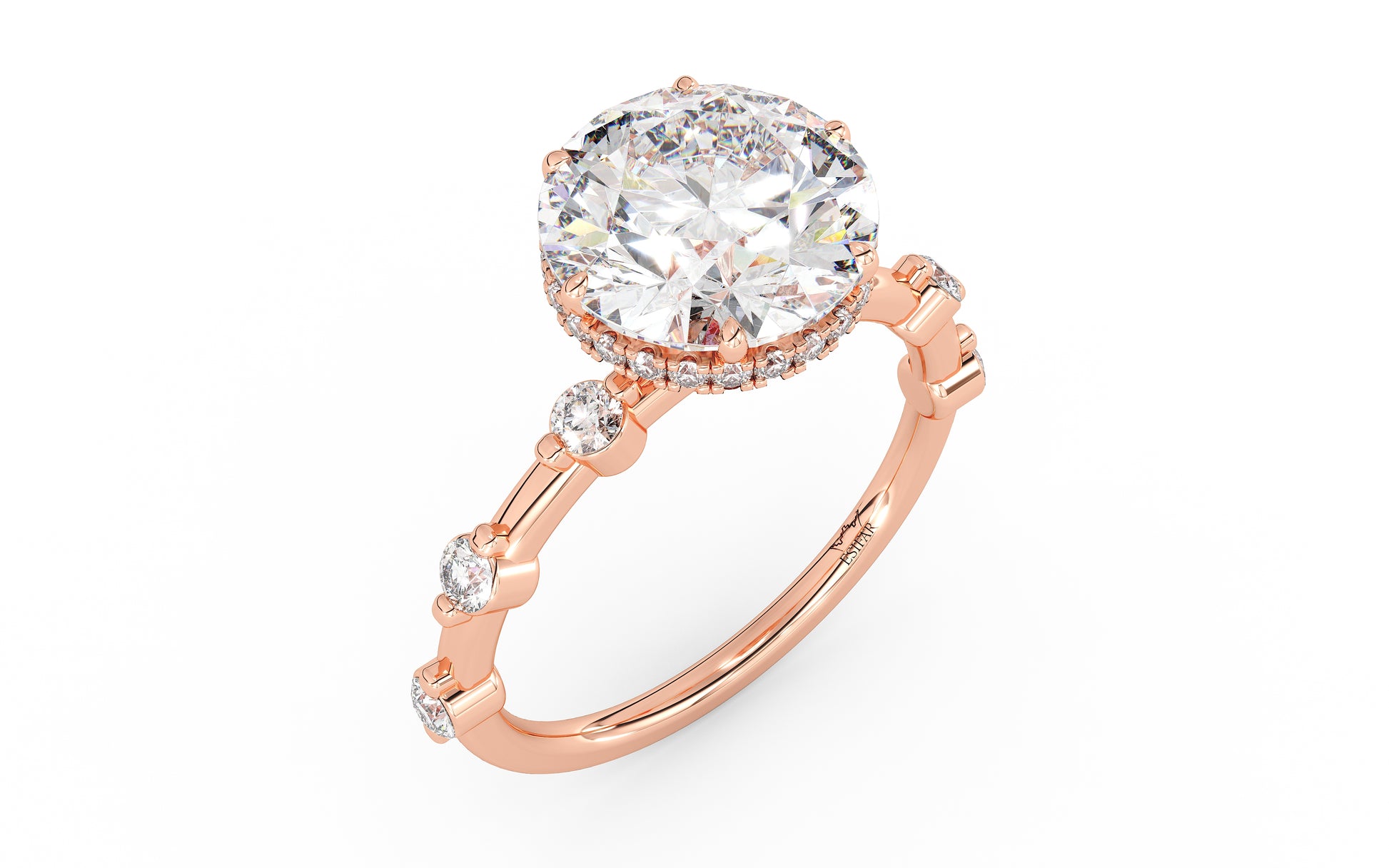 A rose gold ring with sparkling round diamonds in a double gallery setting. Custom fit for your center stone, blending timeless elegance and contemporary charm. 