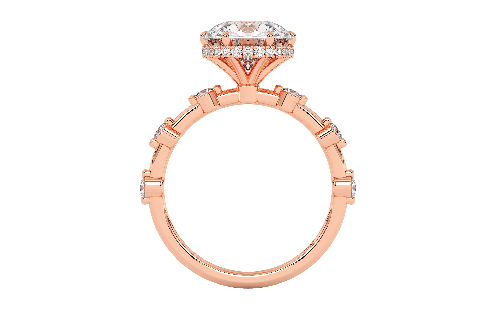 A rose gold ring with sparkling round diamonds in a double gallery setting. Custom fit for your center stone, blending timeless elegance and contemporary charm. 