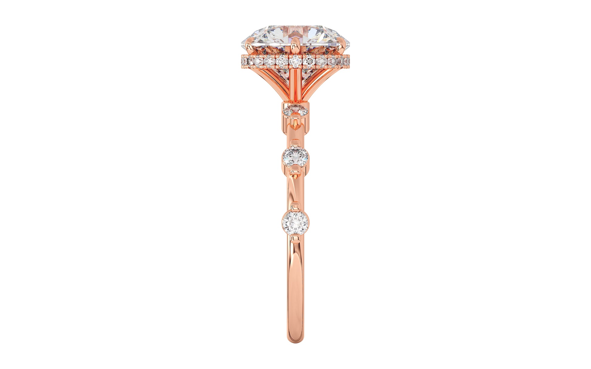A rose gold ring with sparkling round diamonds in a double gallery setting. Custom fit for your center stone, blending timeless elegance and contemporary charm. 