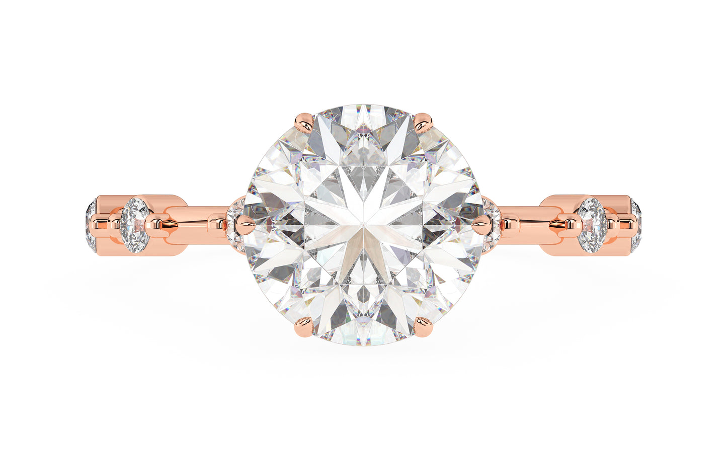 A rose gold ring with sparkling round diamonds in a double gallery setting. Custom fit for your center stone, blending timeless elegance and contemporary charm. 