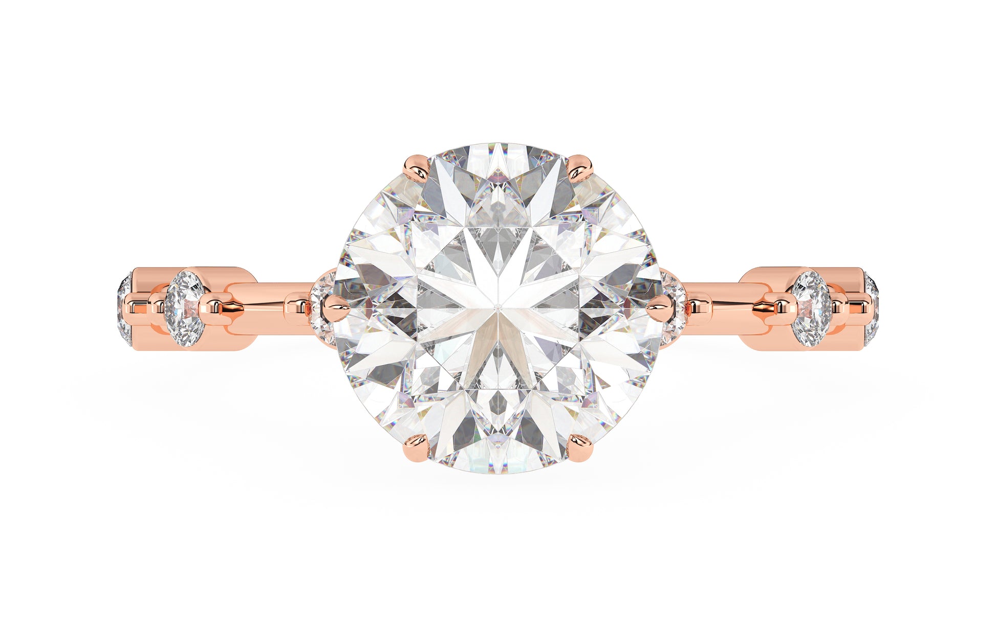 A rose gold ring with sparkling round diamonds in a double gallery setting. Custom fit for your center stone, blending timeless elegance and contemporary charm. 