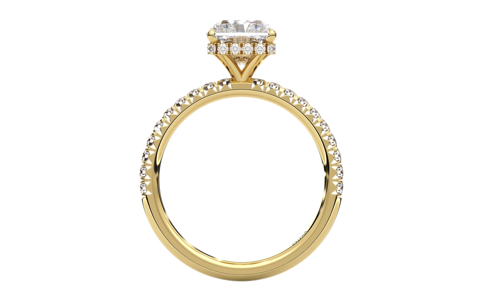 Golden engagement ring with a diamond-encrusted band and customizable hidden halo, designed to enhance your center stone with brilliance and elegance.