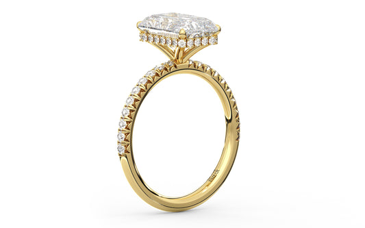 Golden engagement ring with a diamond-encrusted band and customizable hidden halo, designed to enhance your center stone with brilliance and elegance.