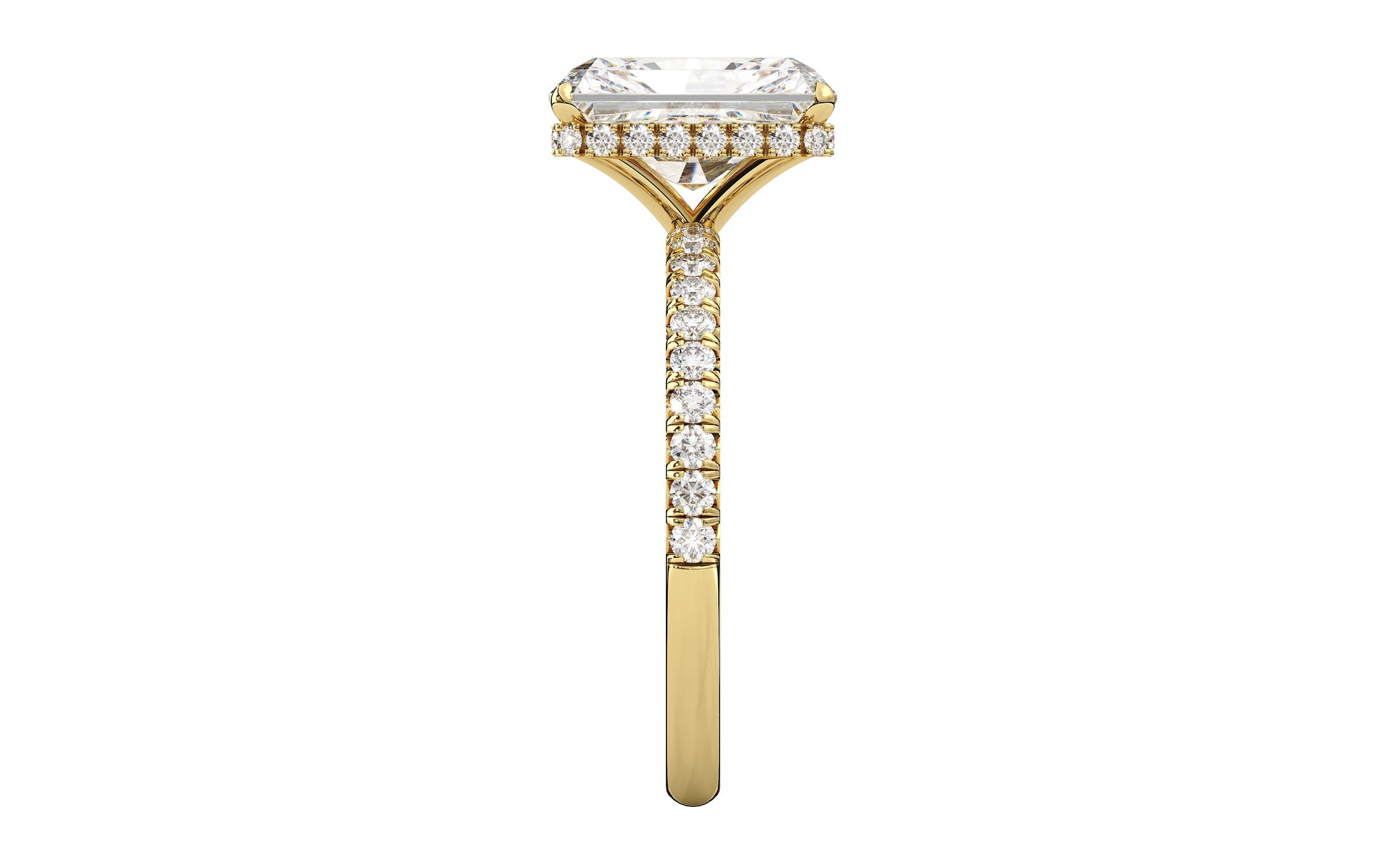 Golden engagement ring with a diamond-encrusted band and customizable hidden halo, designed to enhance your center stone with brilliance and elegance.