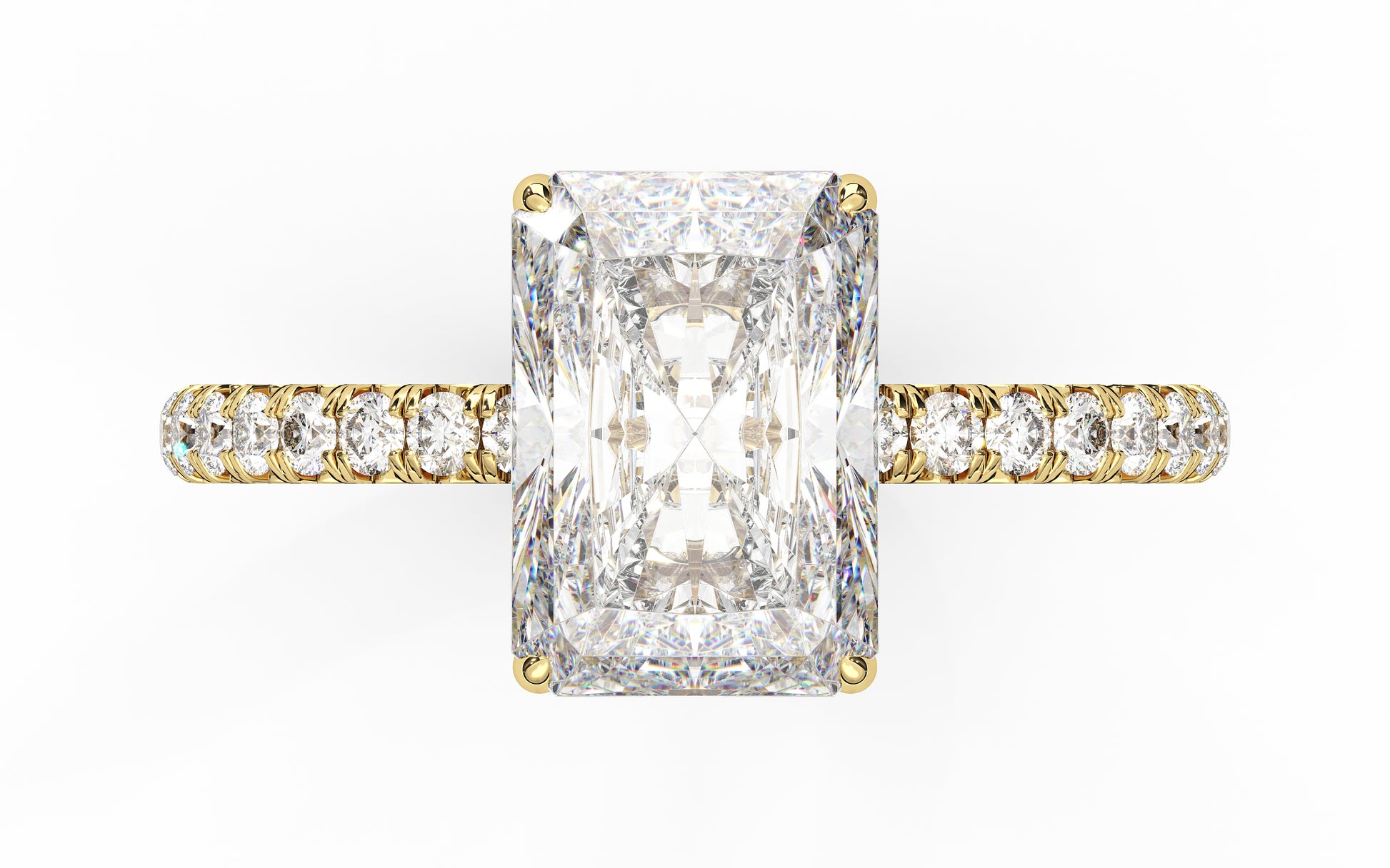 Golden engagement ring with a diamond-encrusted band and customizable hidden halo, designed to enhance your center stone with brilliance and elegance.