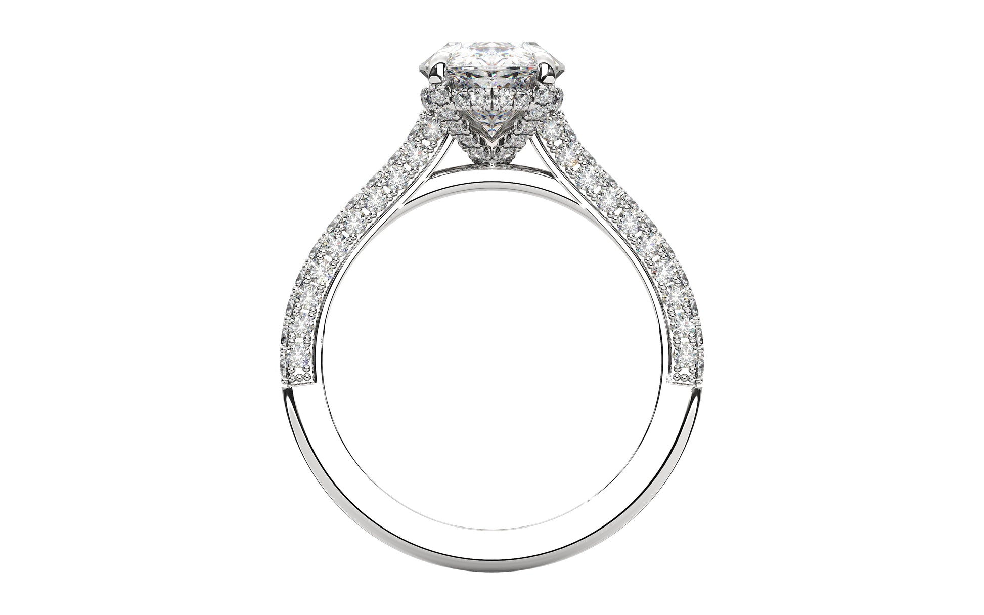 Diamond engagement ring featuring a large center stone framed by a hidden halo of smaller diamonds and a pave diamond band. This design is intended for a larger, more glamorous look and showcases the customizability of our rings.