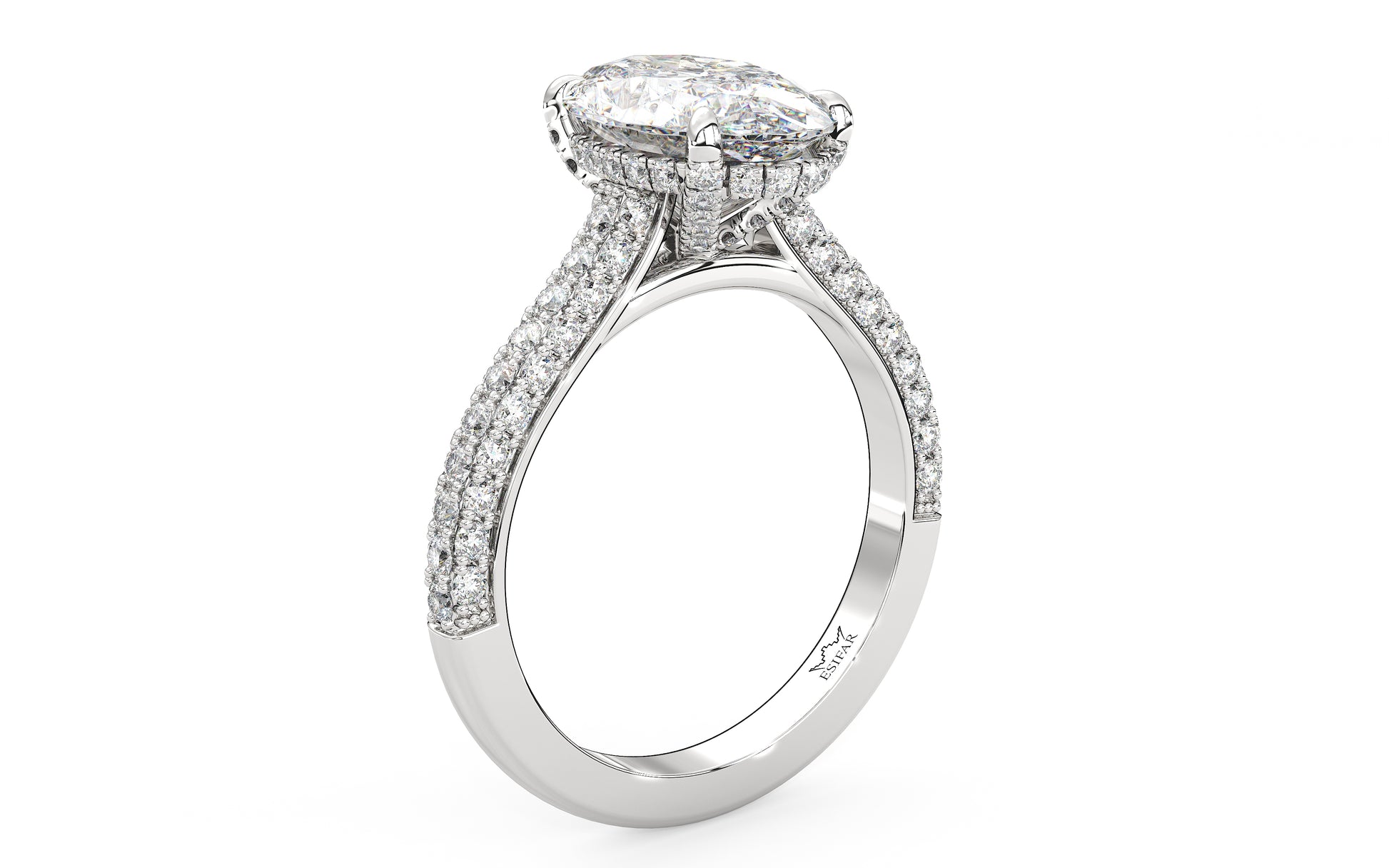 Diamond engagement ring featuring a large center stone framed by a hidden halo of smaller diamonds and a pave diamond band. This design is intended for a larger, more glamorous look and showcases the customizability of our rings.