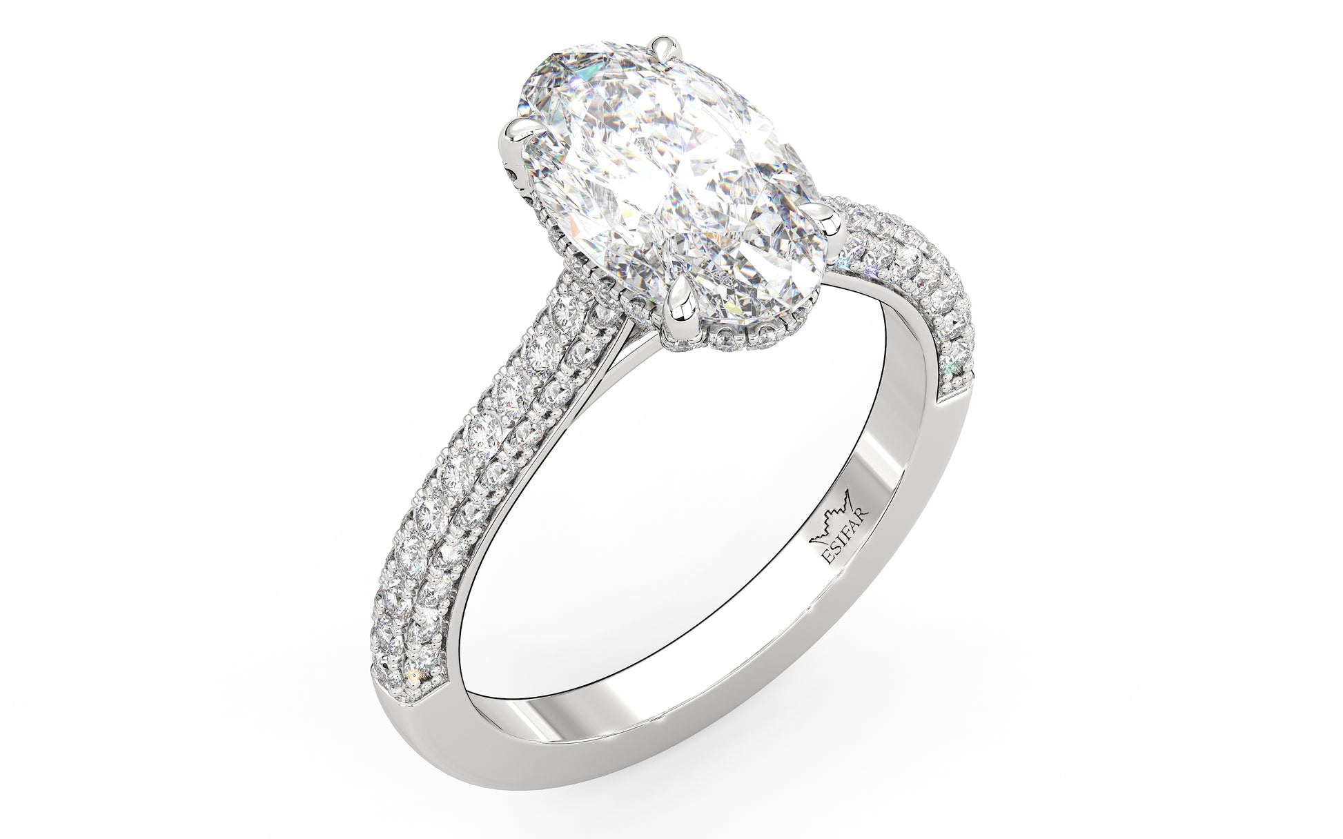 Diamond engagement ring featuring a large center stone framed by a hidden halo of smaller diamonds and a pave diamond band. This design is intended for a larger, more glamorous look and showcases the customizability of our rings.