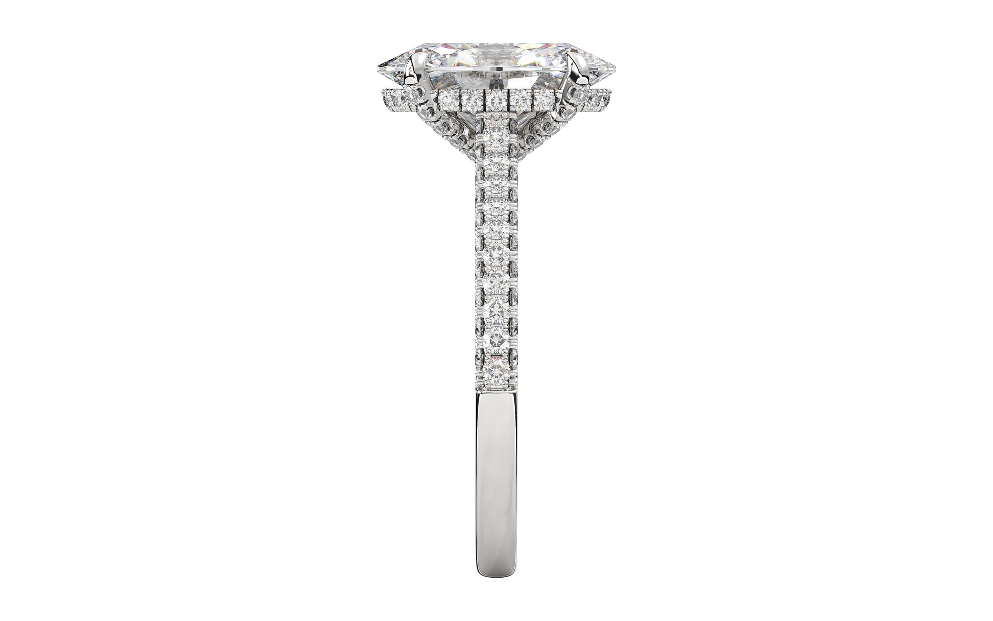 Diamond engagement ring featuring a large center stone framed by a hidden halo of smaller diamonds and a pave diamond band. This design is intended for a larger, more glamorous look and showcases the customizability of our rings.
