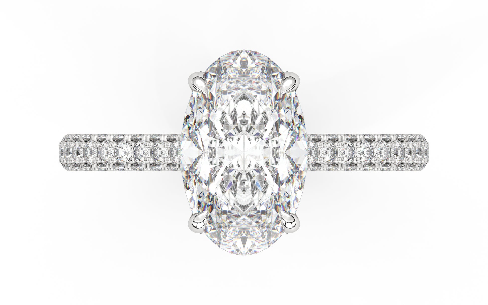 Diamond engagement ring featuring a large center stone framed by a hidden halo of smaller diamonds and a pave diamond band. This design is intended for a larger, more glamorous look and showcases the customizability of our rings.