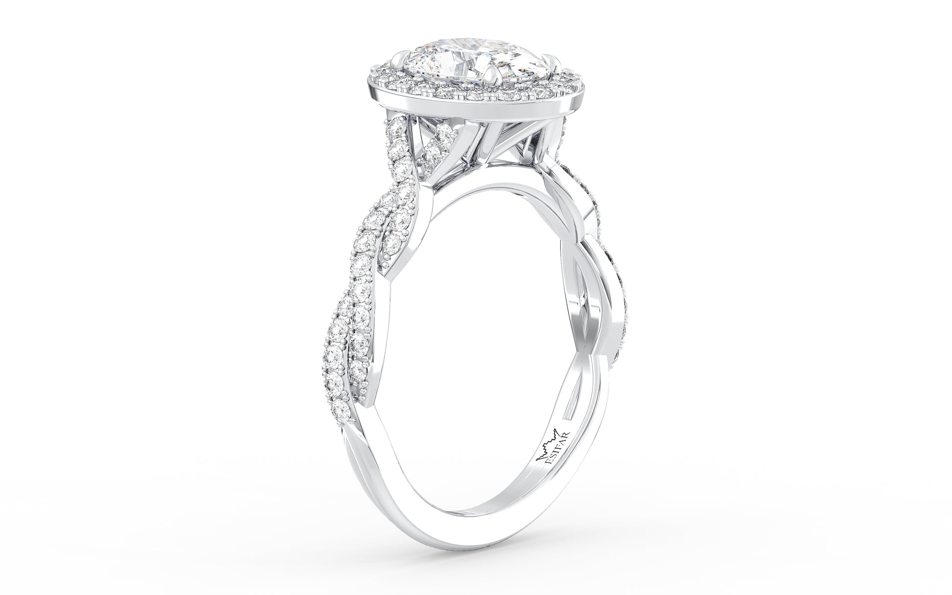 Oval Diamond Halo Twisted Shank Engagement Ring - perspective