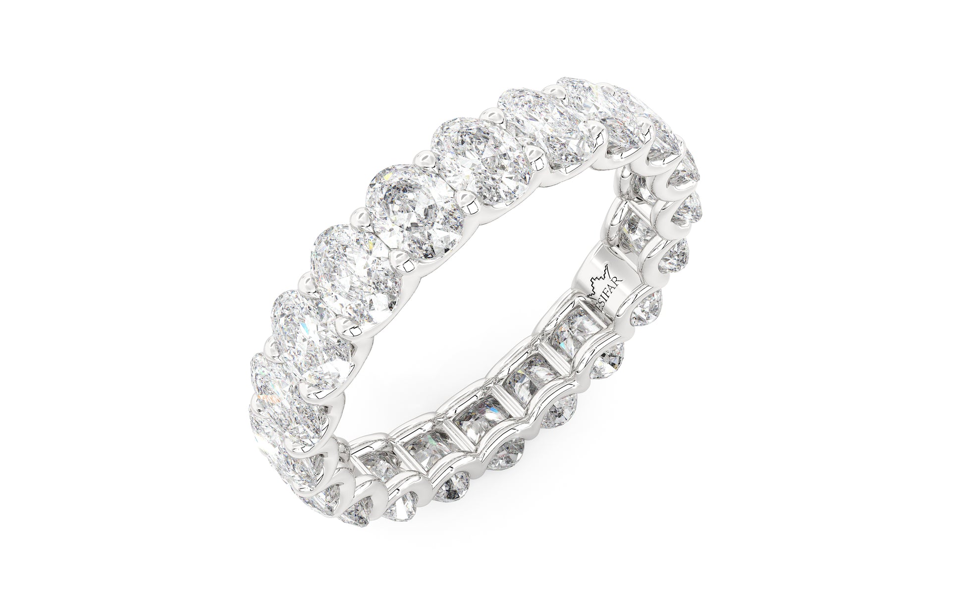 Dazzling eternity ring featuring a continuous row of shimmering oval diamonds in a U-Gallery setting.  This expertly crafted ring is designed for maximum sparkle and brilliance, embodying timeless elegance and luxury.