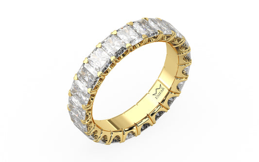 Golden radiant-cut diamond eternity ring in a refined U-Gallery setting, crafted for exceptional sparkle and timeless elegance.