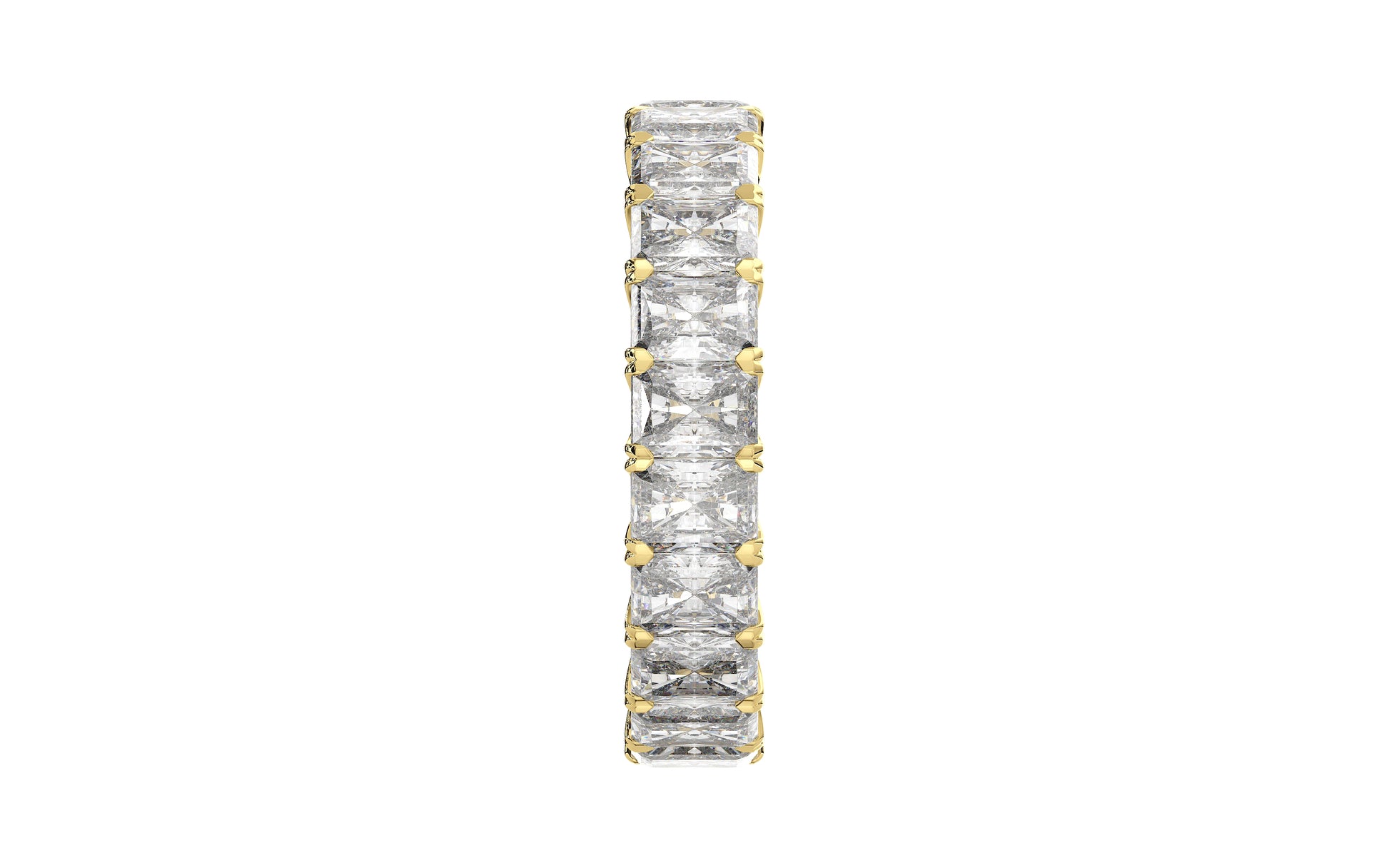 Golden radiant-cut diamond eternity ring in a refined U-Gallery setting, crafted for exceptional sparkle and timeless elegance.