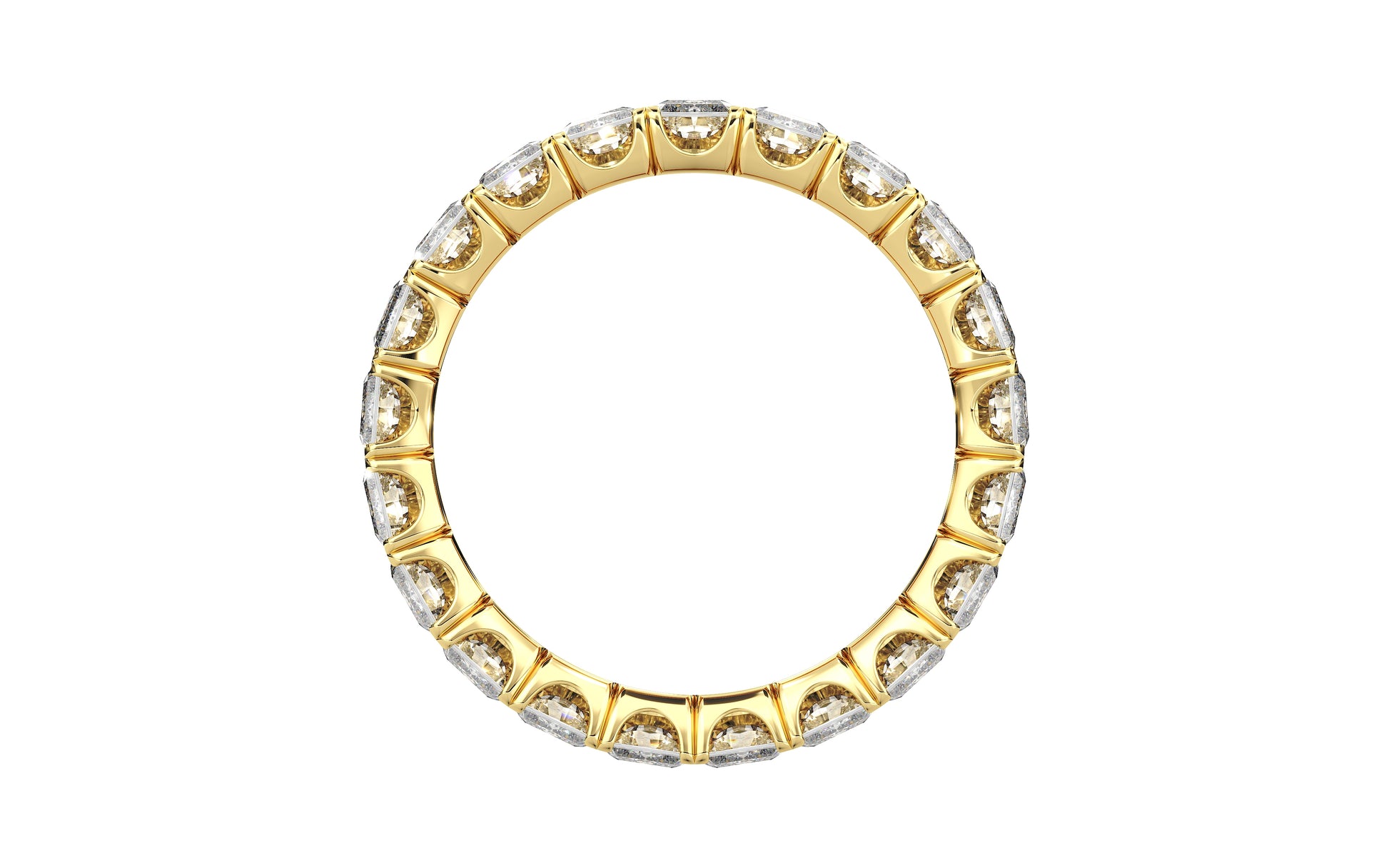 Golden radiant-cut diamond eternity ring in a refined U-Gallery setting, crafted for exceptional sparkle and timeless elegance.