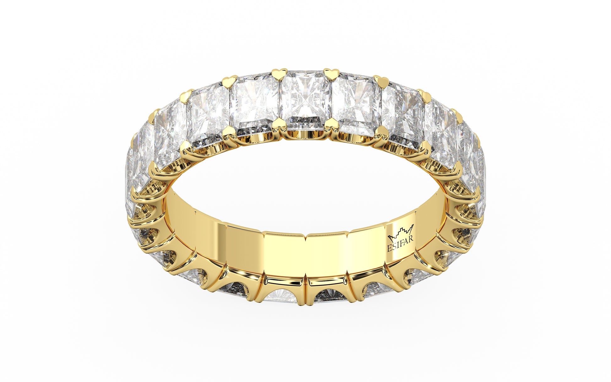 Golden radiant-cut diamond eternity ring in a refined U-Gallery setting, crafted for exceptional sparkle and timeless elegance.