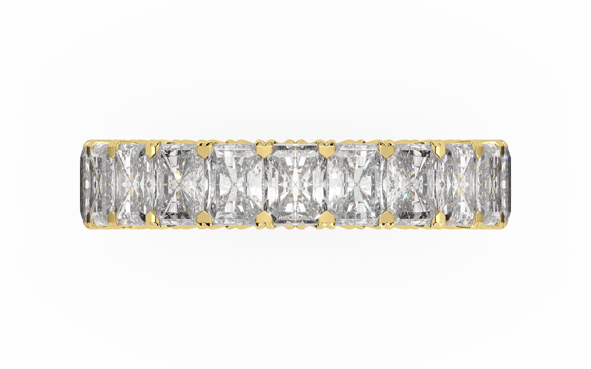 Golden radiant-cut diamond eternity ring in a refined U-Gallery setting, crafted for exceptional sparkle and timeless elegance.