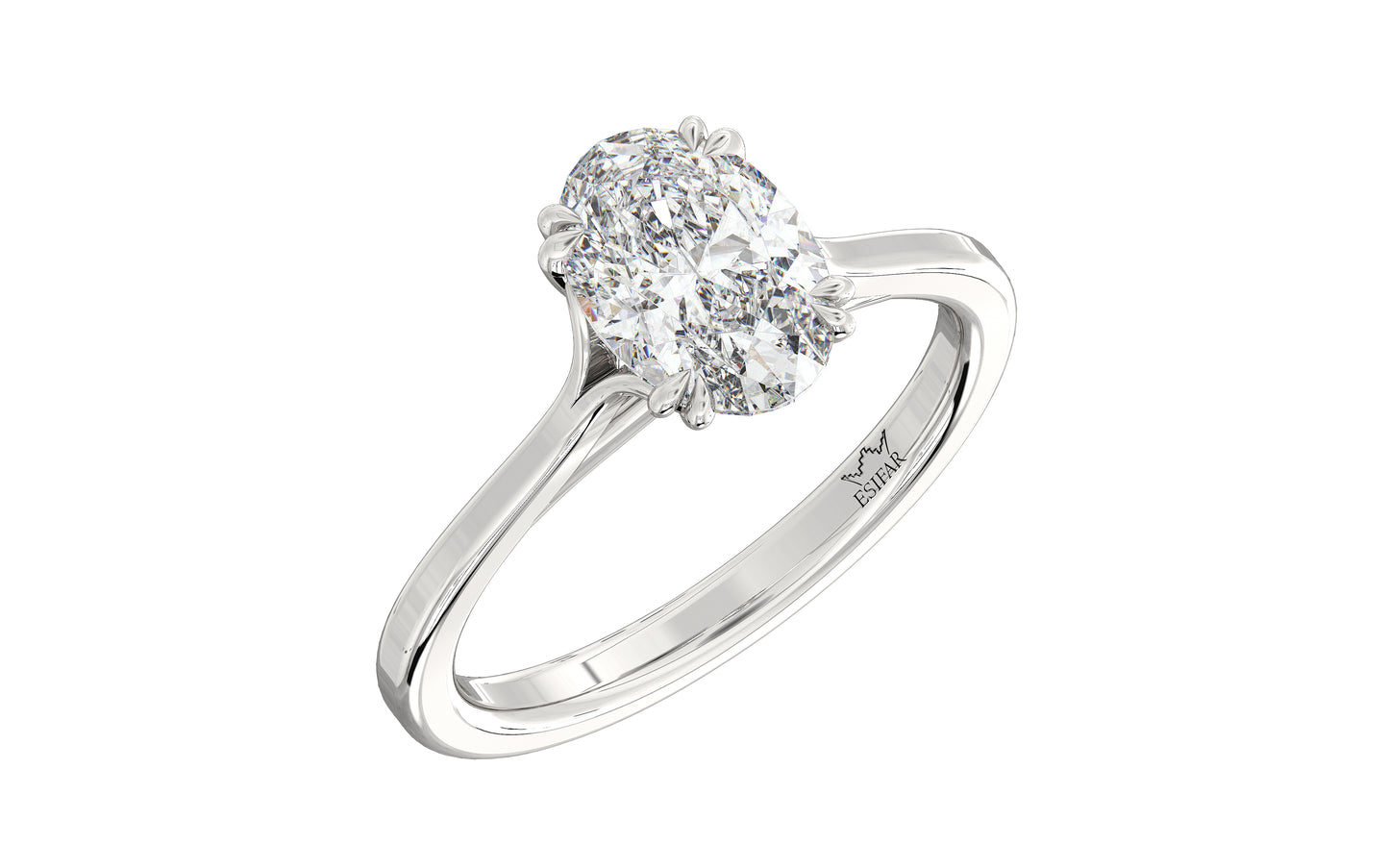 Golden oval solitaire diamond ring with twisted double prongs, symbolizing timeless love and romance.