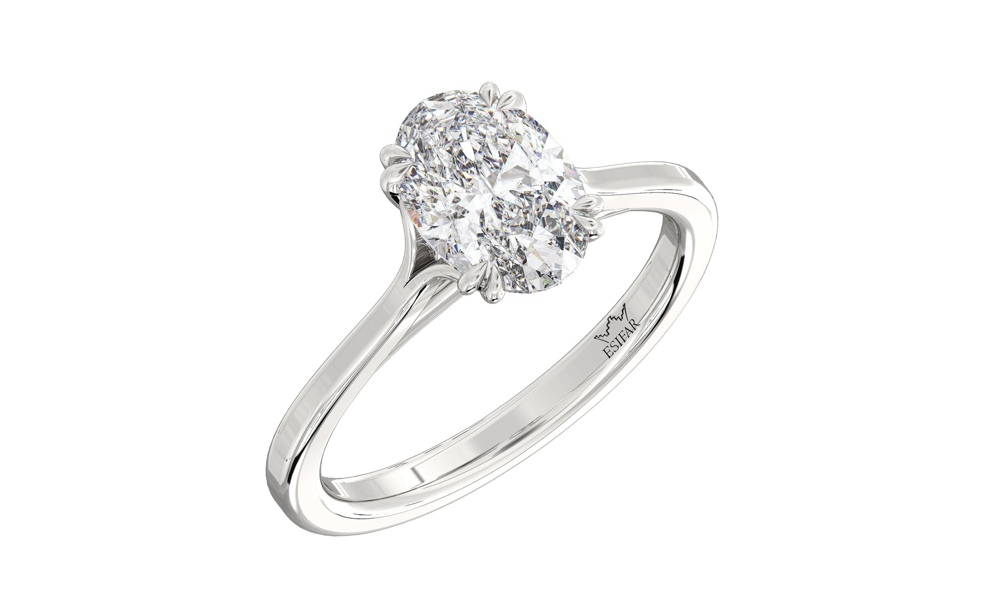 Golden oval solitaire diamond ring with twisted double prongs, symbolizing timeless love and romance.