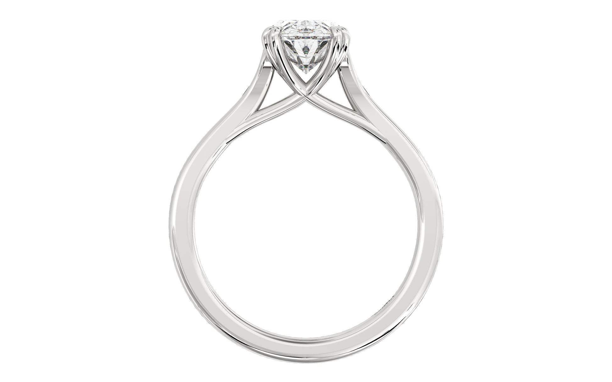 Golden oval solitaire diamond ring with twisted double prongs, symbolizing timeless love and romance.