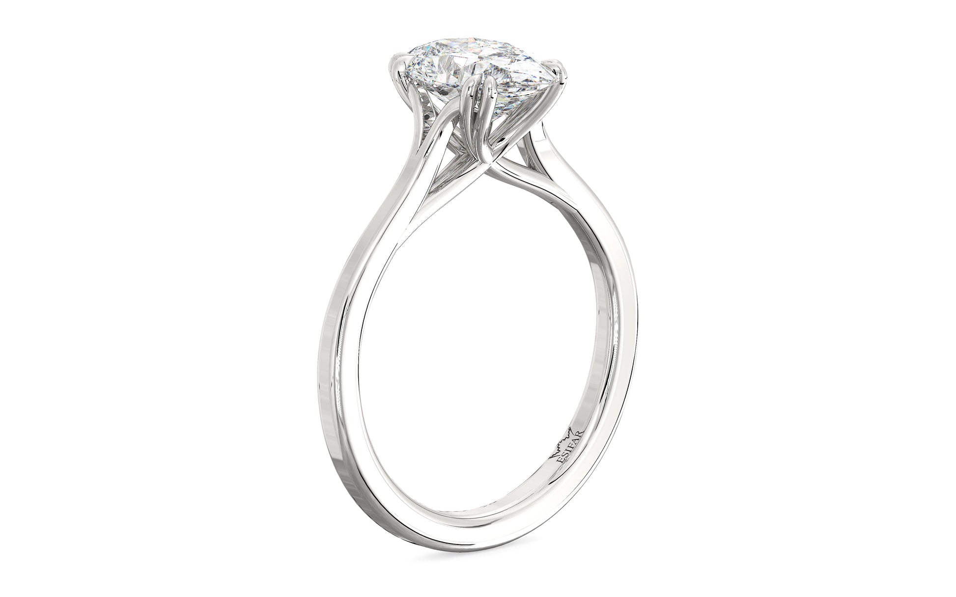 Golden oval solitaire diamond ring with twisted double prongs, symbolizing timeless love and romance.