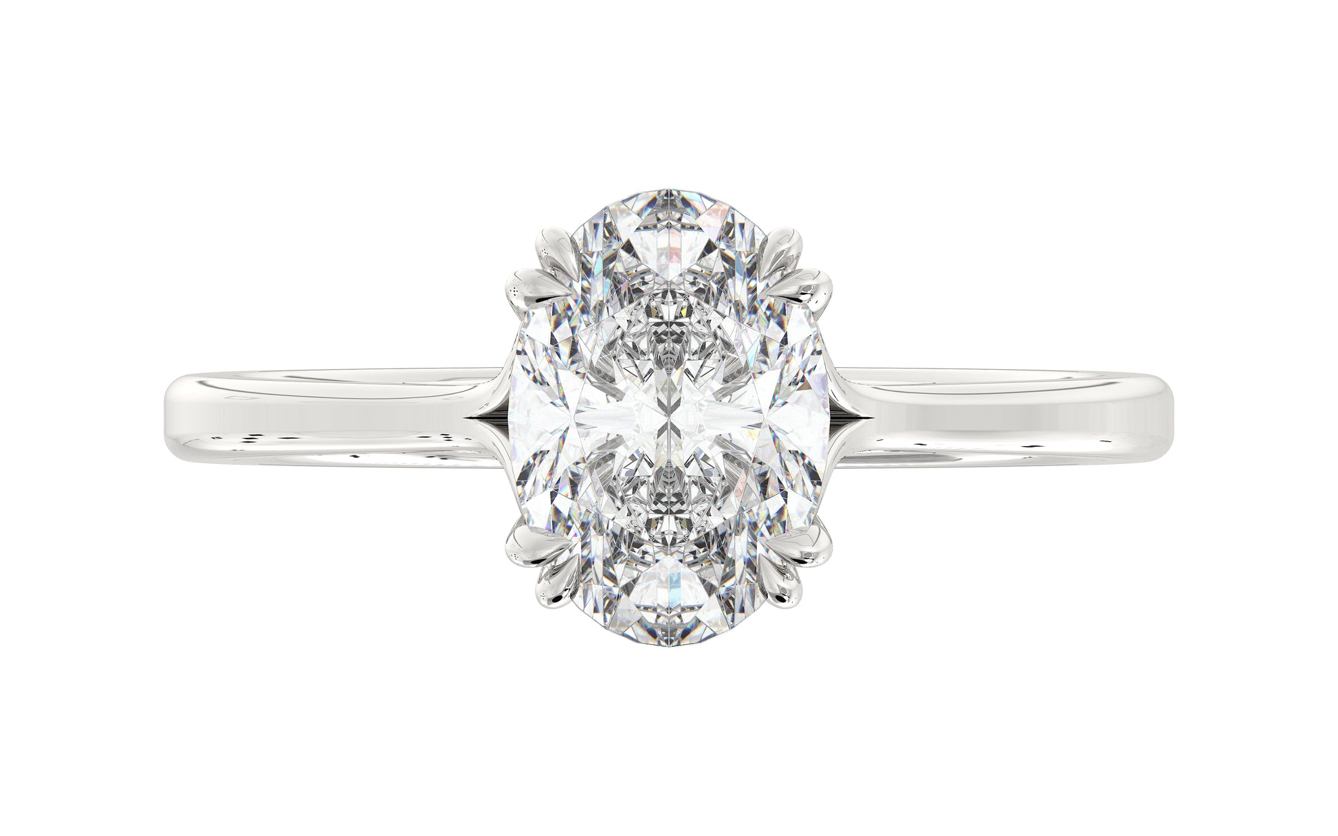 Golden oval solitaire diamond ring with twisted double prongs, symbolizing timeless love and romance.